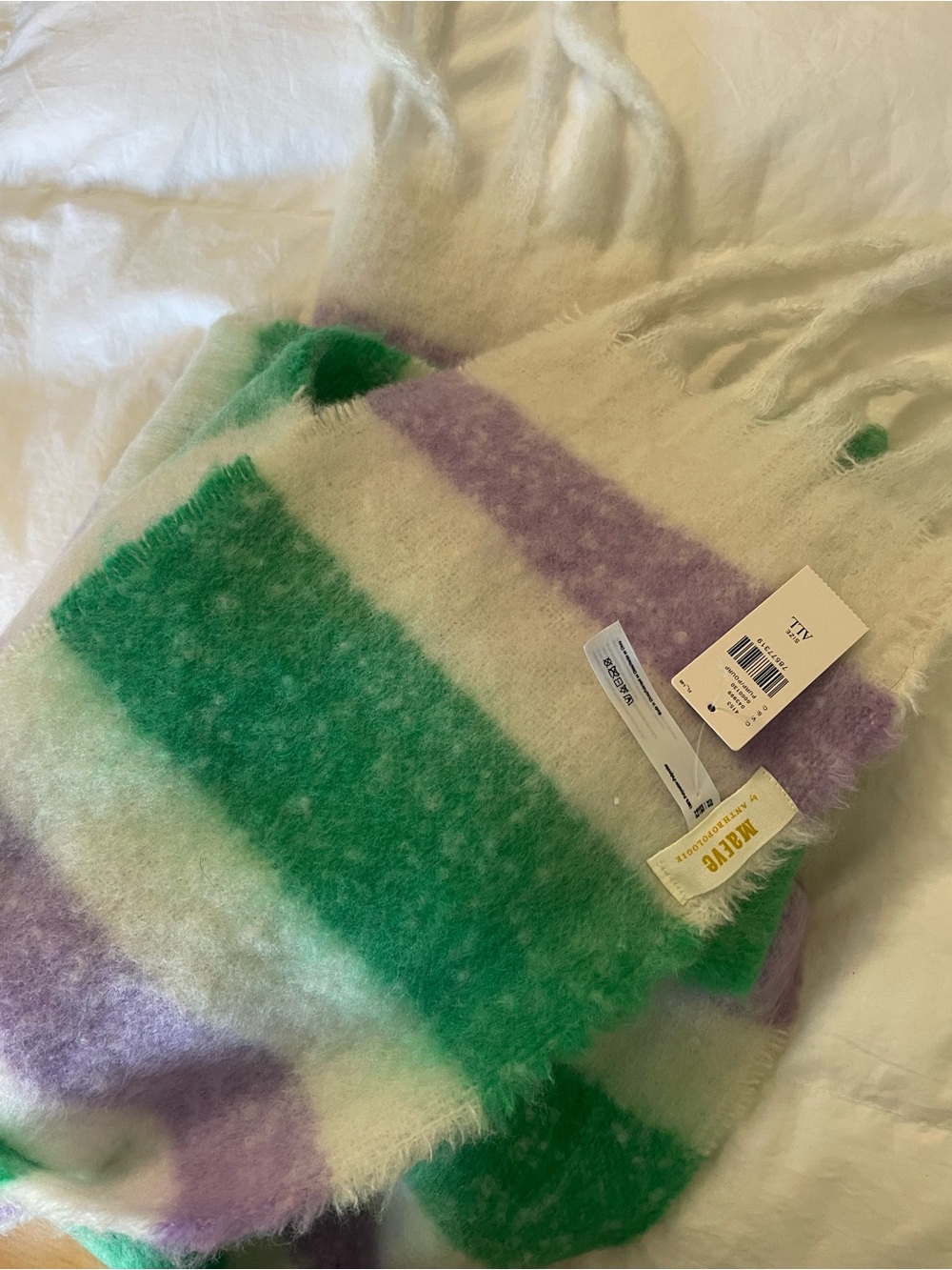 Anthropologie Fuzzy Striped Scarf in Green, Purple & Cream